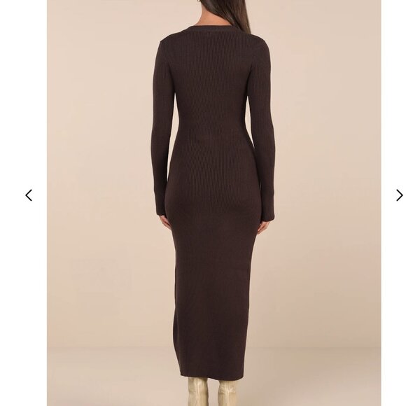 Lulus Refined Attitude Brown Ribbed Side Button Midi Sweater Dress - Size M - Picture 4 of 4